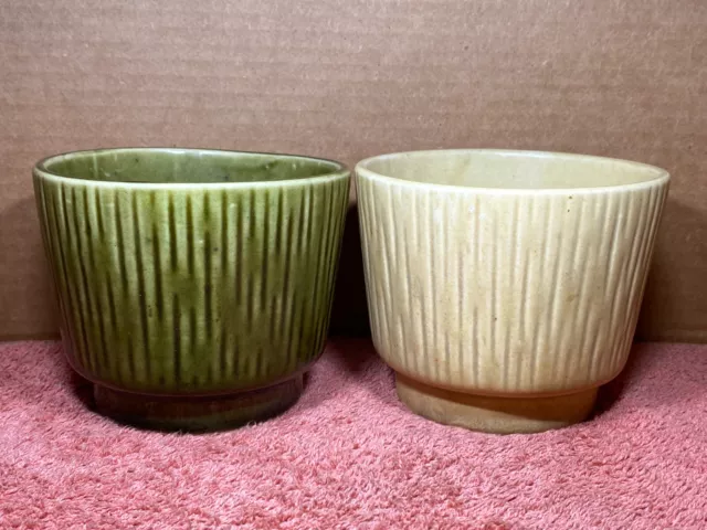 Lot *2* Brush McCoy Pottery C330 Green & Yellow Round MCM Planters