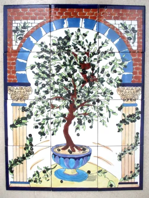 Hand Painted Ceramic tile art Mosaic wall mural Olive Tree BACKSPLASH 18" x 24"