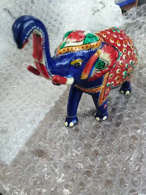 Hand Painted Indian Blue Meenakari Enamel Metal Elephant Statue Figurine