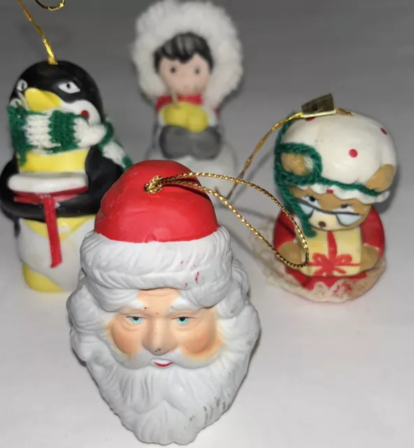 4 VTG Bell Christmas Ornaments Eskimo, Penguin, Santa, Mouse Jasco & lil Chimer