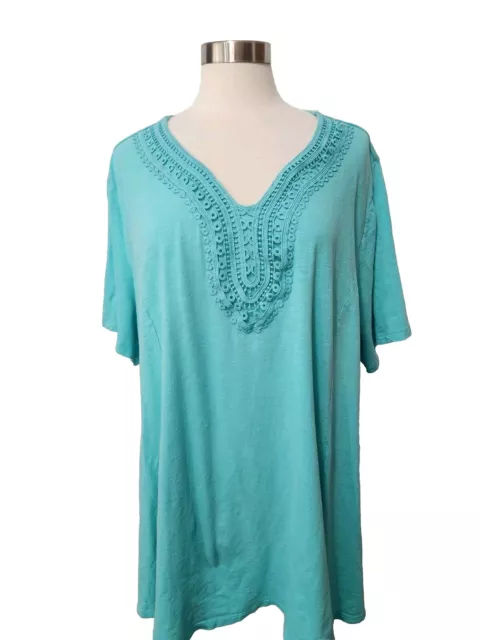 Catherines 3X Aqua Blue Knit Top T- Shirt Lace Embroidery Pullover S/S Stretch