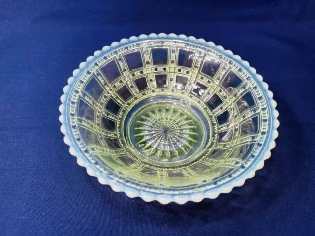 Rare Antique Imperial Glass Beaded Block Vaseline Glass Opalescent Bowl
