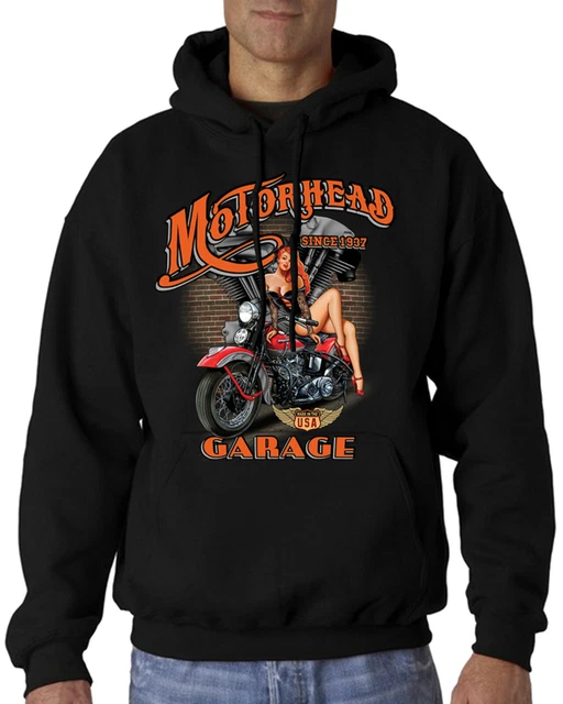 Velocitee Mens Hoodie Motorhead Pin Up Garage Classic US Motorcycle Biker A23622