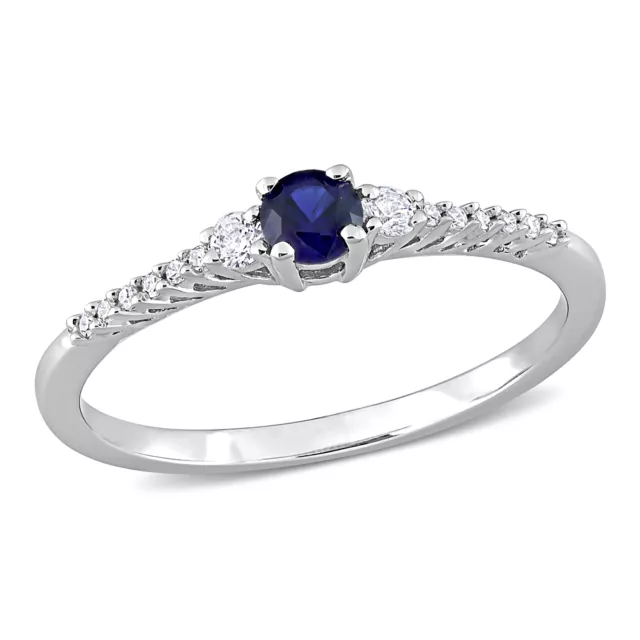 Amour Sterling Silver 1/3 CT TGW Created Blue Sapphire and Diamond Ring