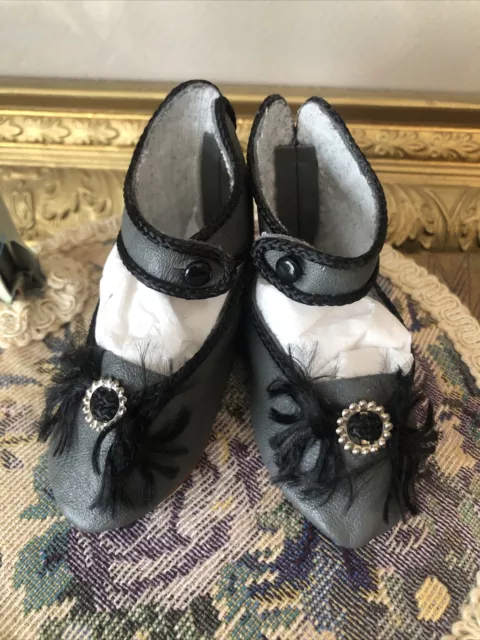 Vintage Antique Style Black & Gray Faux Leather FRENCH Doll Shoes