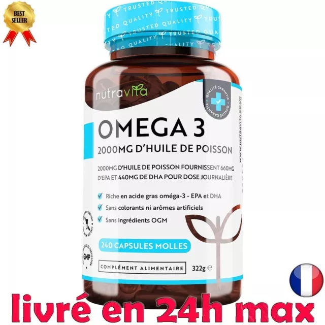 Omega 3 Huile de Poisson Sauvages 2000mg - 240 Oméga 3 Gélules (120 Jours) - Hui