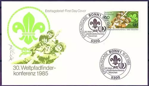 BRD 1985: Pfadfinder! FDC der Nr 1254 mit Bonner Ersttags-Sonderstempeln! 1802