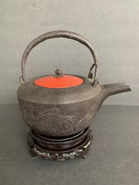 Antique Japanese Meiji period cast iron red wooden lacquered lid kettle