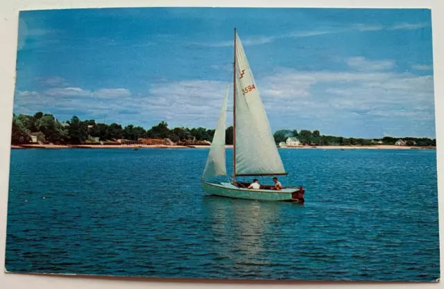 NY Postcard Long Island New York Sailing Paradise sailboat vintage chrome boat