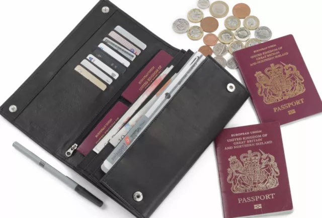 Woodbridge Black Real Leather Travel Document Wallet Passport Organiser Holder