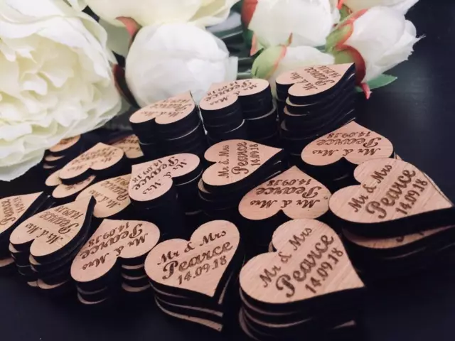 Personalised vintage wooden hearts/ table confetti / wedding table decorations