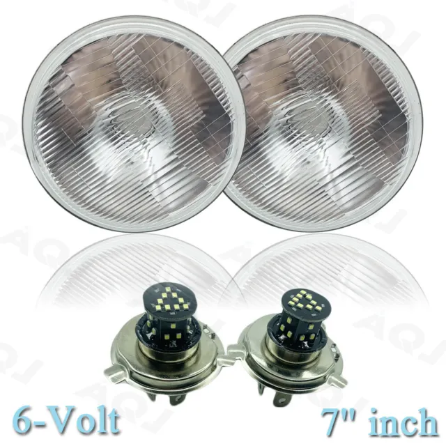 7" LED Sealed Beam Glass Headlight Head Light Headlamp Bulbs Pair 6V 6-Volt