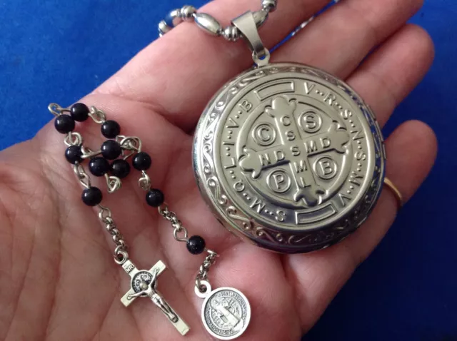 HANDMADE STAINLESS STEEL St. BENEDICT Locket Necklace Rosary Saint Medal  23 $41.51 - PicClick