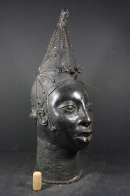 African 20.1" BENIN Bronze Queen Mother Head - Nigeria Benin, TRIBAL ART CRAFTS