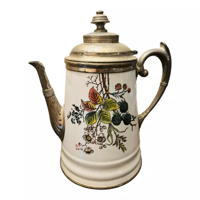 Pewter trimmed Graniteware Teapot with Berry Decoration c.1890 Manning bowman