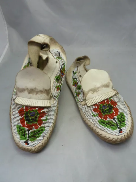 Native American Plains Indian Beaded White Leather Moccasins. Very Nice Design