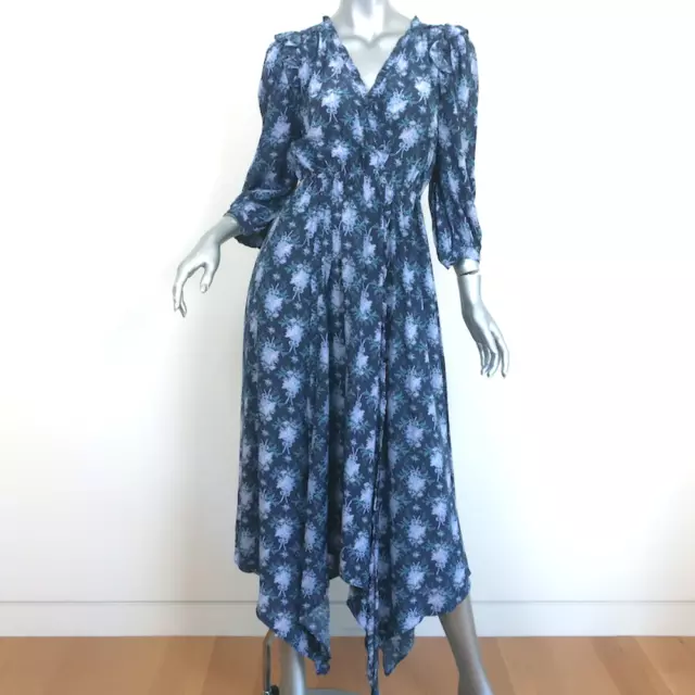 LoveShackFancy Handkerchief Hem Maxi Dress Milton Navy Floral Print Size Small