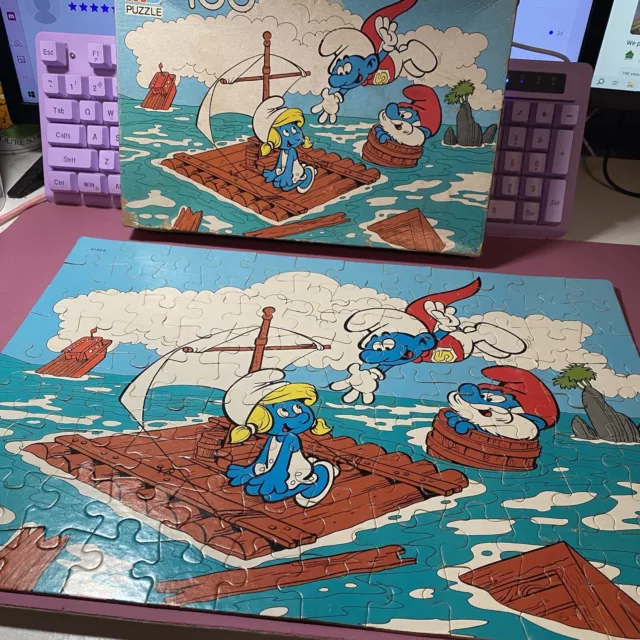 Vintage MB Milton Bradley 100 Piece Smurfs Puzzle 4190-6 11x16" Complete Raft