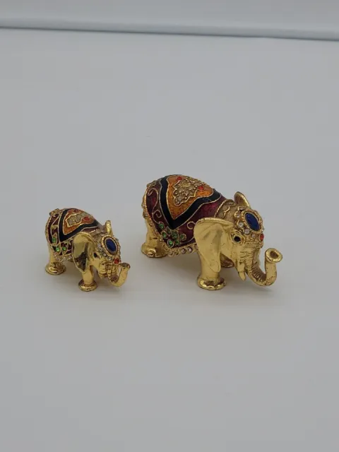 Bejeweled Tiny Elephant Hinged Metal Enameled Trinket box PAIR