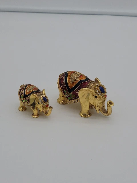 Bejeweled Tiny Elephant Hinged Metal Enameled Trinket box PAIR