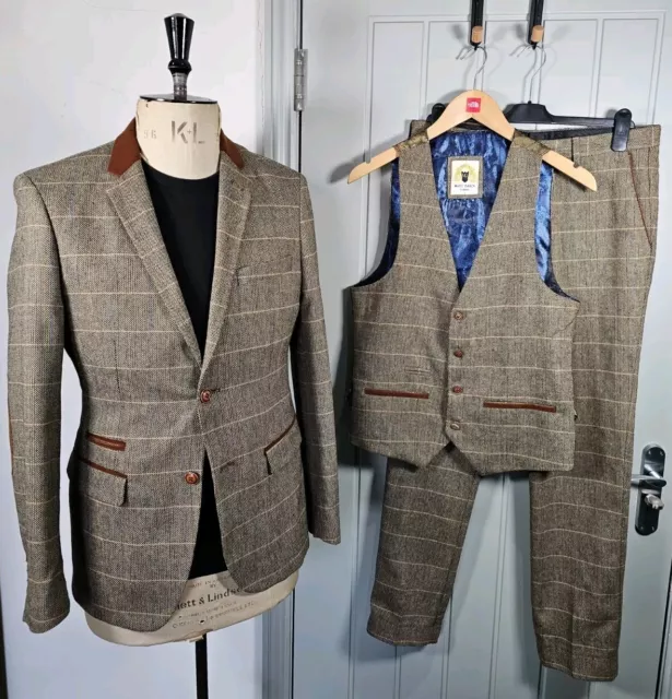 Marc Darcy DX7 3 Piece Suit Men's 38 ~ Tan Wool Blend Herringbone Tweed Velvet