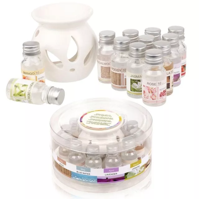 Set profumatore d' ambiente c/ bruciatore in ceramica bianca, 12 essenze da 10ml