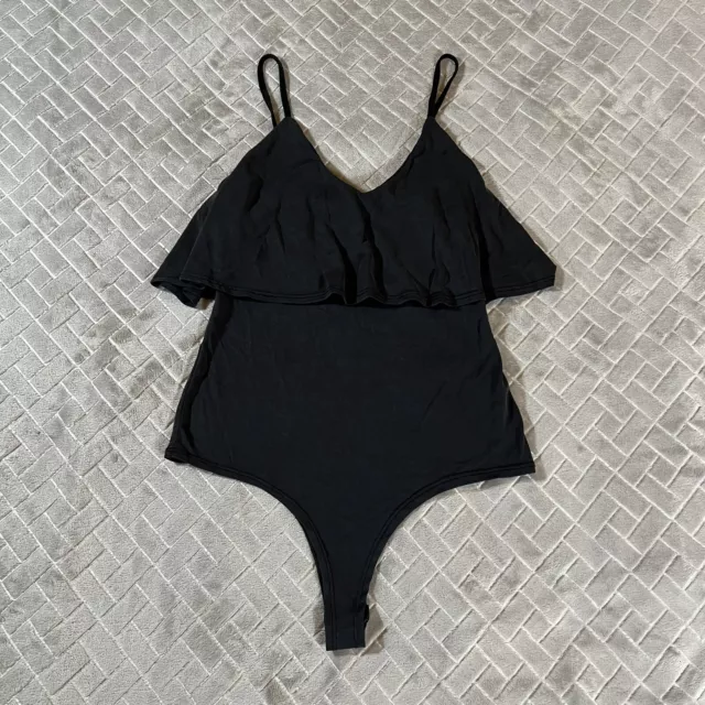 LA Hearts Womens XS One Piece Body Suit Black Ruffle Top Spaghetti Strap Leotard