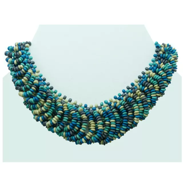 Parure Collier Boucles d'oreilles perles bois BEIGE bleu turquoise été estival 2