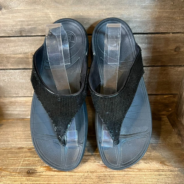 Womens Fitflop Comfort Black Electra Sequin Thong Toning Slip on Sandals Size 10 3