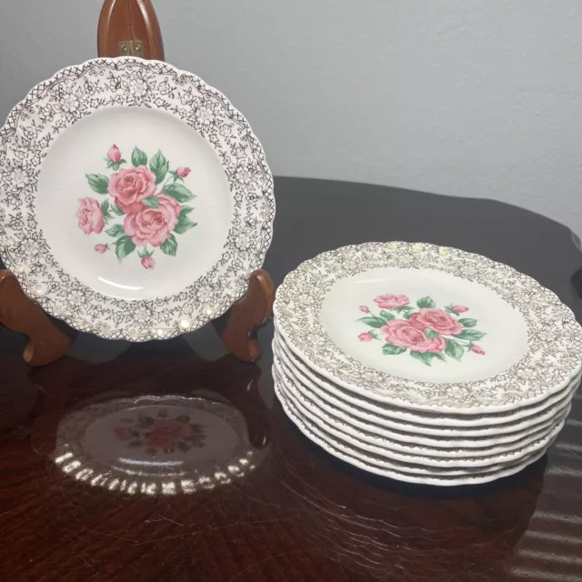 Sebring China Bouquet  22k Gold Vintage Bread Dessert Plates 6,5” Set Of 9 USA