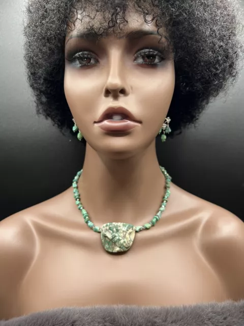 Green Variscite Hand Carved Dog Pendant Turquoise Necklace Earring Set
