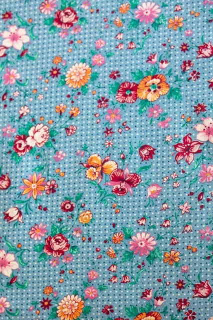 Vtg. 80's Prairie Calico Fabric-Dotted Blue-Pink Flowers-Joan Kessler-Cotton-BTY