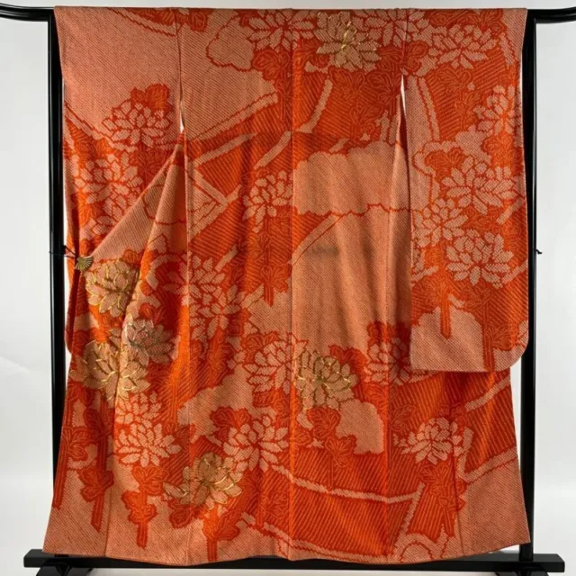 Japanese Kimono Furisode Pure Silk Flowers Lame Thread Orange Lined Kimono