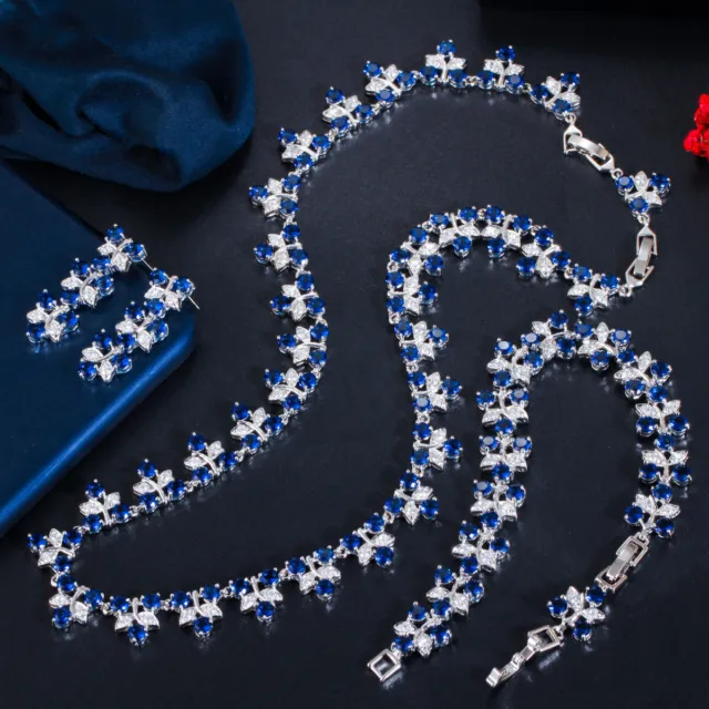 Elegant Blau CZ Frauen Party Blatt Runden Halskette Ohrringe Armband Schmuckset