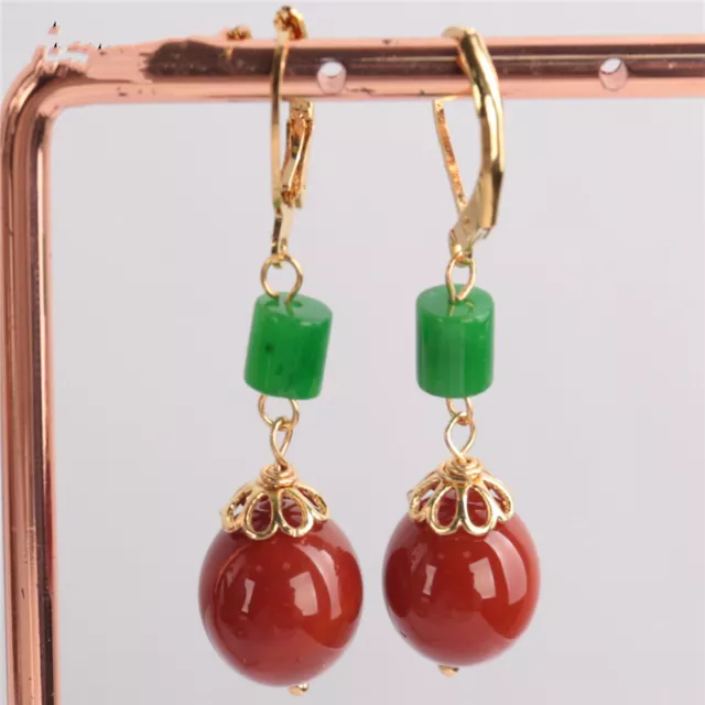 Southern red agate Green jadeite Gemstone Earring 18KGP Dangle Wedding Gold
