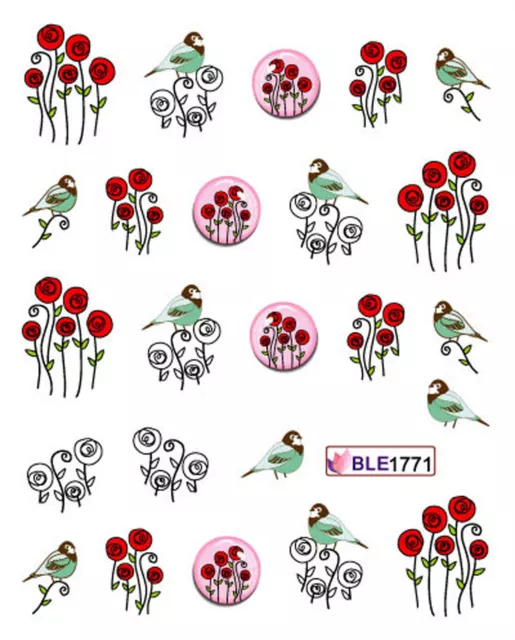 Birds Red Roses Water Transfers Nail Art Sticker Decals UV Tips Decoration