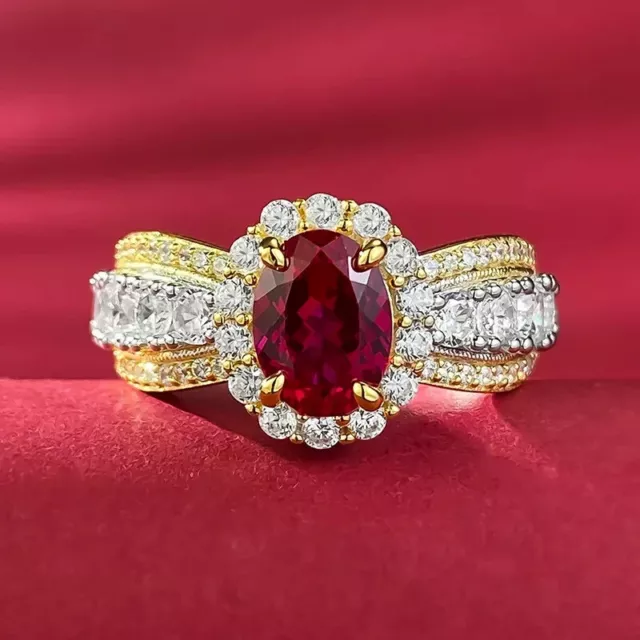 2Ct Coupe Ovale Lab-Created Rubis Rouge Halo Fiançailles Bague 14K Bicolore Or