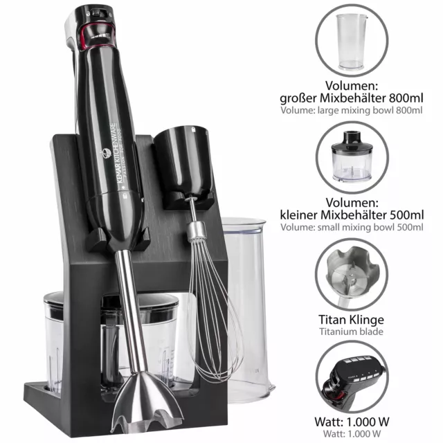 KeMar Kitchenware KSM-1000 Stabmixer | Basis Set | 1.000 Watt | Titan Klinge