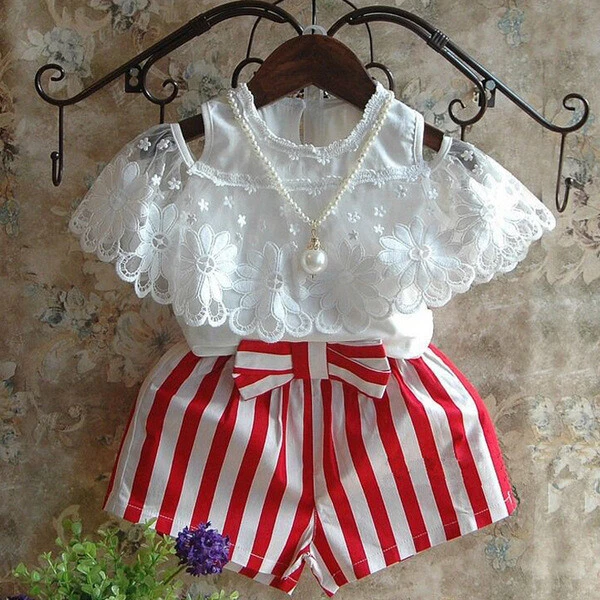 Completo Bimba bambina Maglia maniche corte pantaloni corti bianco rosso  B039