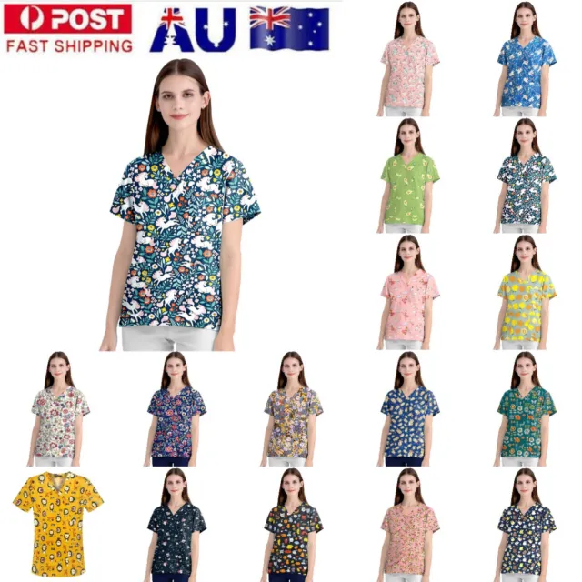 Cartoon Printing Scrub Tops V-Neck 100% Cotton Short Sleeve Women Men Uniforms