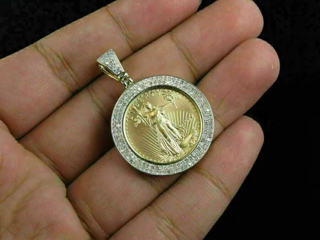 1 CT Round Cut Moissanite Lady Liberty Coin Pave Pendant 14K Yellow Gold Plated