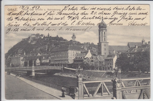 AK Graz, Franz Karl Brücke und Schlossberg, 1903