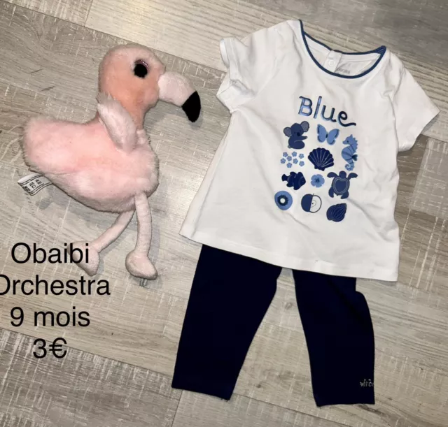 Orchestra Okaidi 9 mois  Fille Été : T Shirt + Legging Bleu Coton TBE