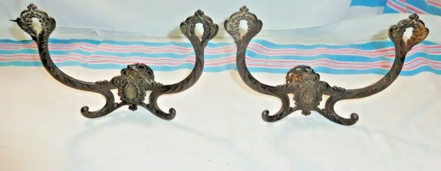 Antique ~ Salvage ~ Pair Cast Iron Hat/Coat Hooks 9" wide x 6 1/2" tall    #2431