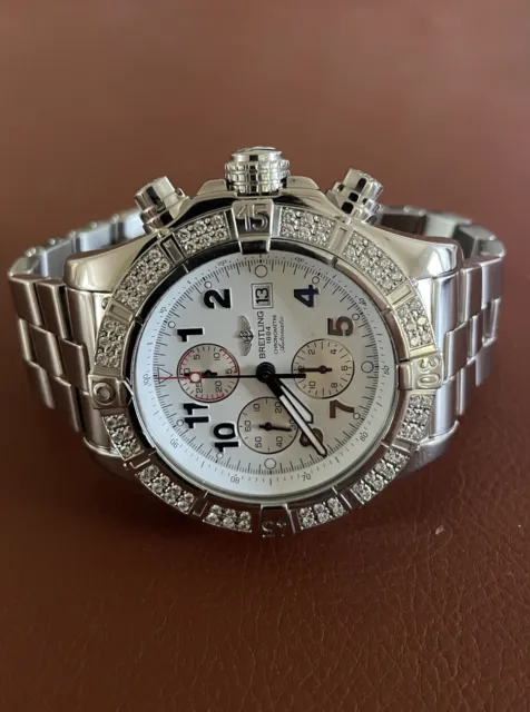 Rare Breitling Super Avenger Watch W Factory Diamond Bezel A13370 White Sticks