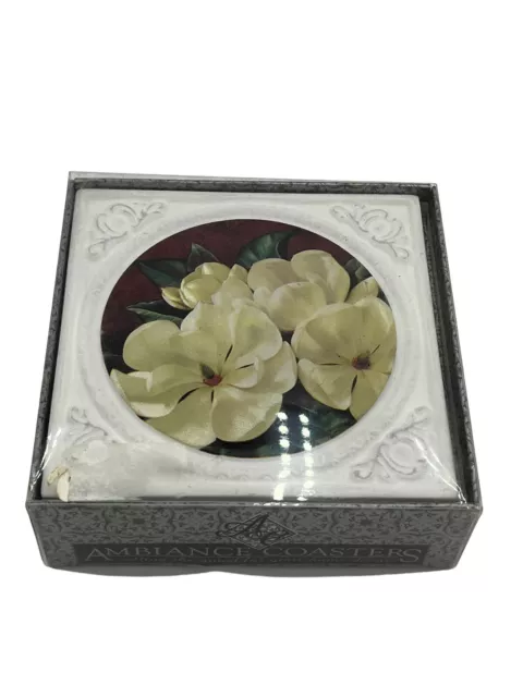 Set Of 4 Thirstystone Ambiance Coasters Magnolias Ceramic Cork Backed 2004
