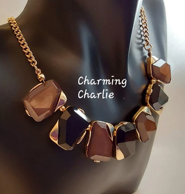 Charming Charlie Classic Statement Black Brown W Goldtn 20" Necklace Cpics C540+
