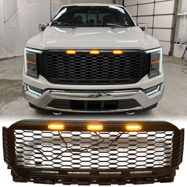 VICTOCAR Matte Black Front Bumper Upper Grille For 2021-2023 Ford F150 w/LED