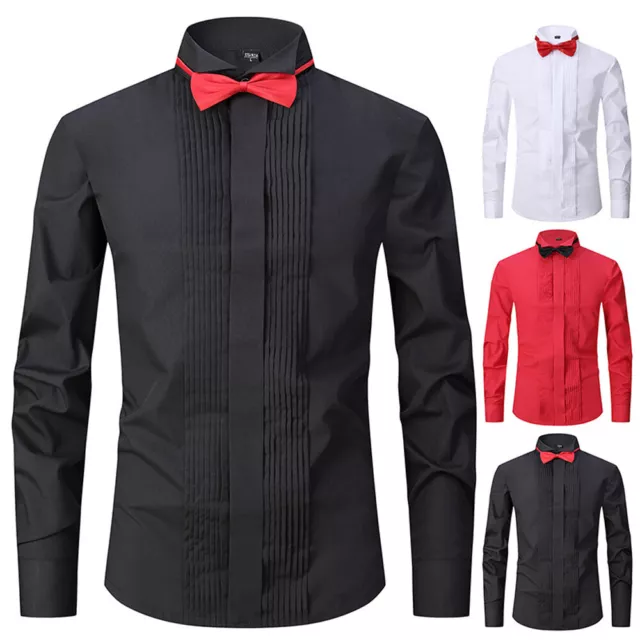 Mens French Cuff Tuxedo Shirt Pleated Tip Collar Evening Party Shirt Wedding Top