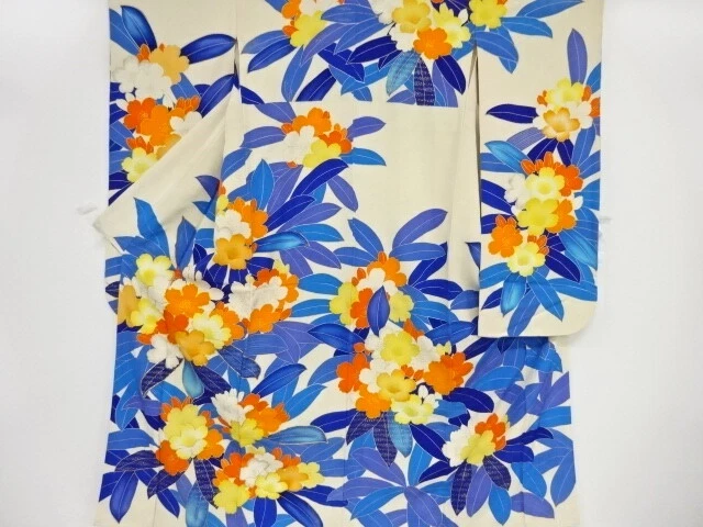 05150# Japanese Kimono / Antique Furisode / Embroidery / Floral Plants